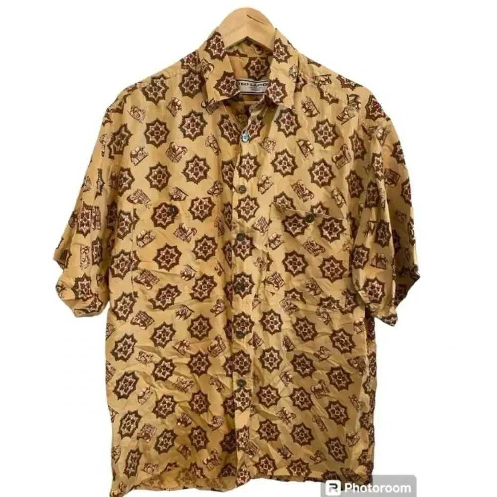 Ted Lapidus Mens 100% Equestrian Print Silk Shirt Button Down